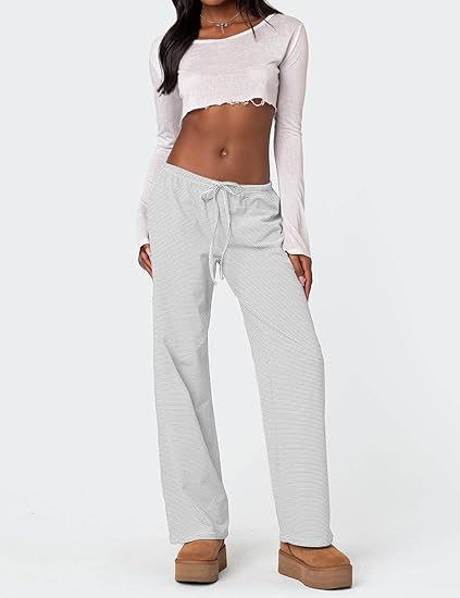 Women's Wide Leg Striped Casual Drawstring Pants - Image 4