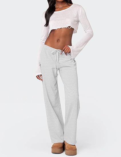 Women's Wide Leg Striped Casual Drawstring Pants - Image 3