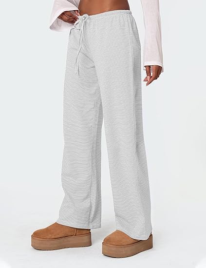 Women's Wide Leg Striped Casual Drawstring Pants