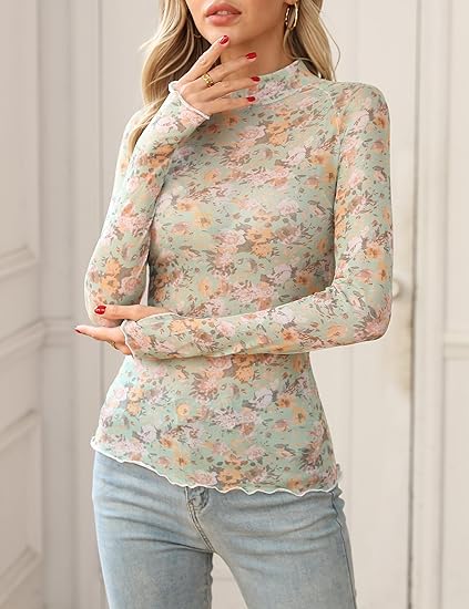 Women's Lace Long Sleeve Mesh Top Floral Stand Collar Top - Image 2