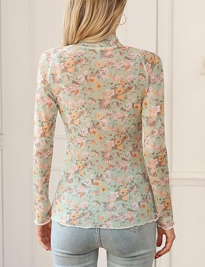 Women's Lace Long Sleeve Mesh Top Floral Stand Collar Top - Image 3