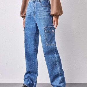 Women's High Waist Flap Pocket Denim Pants
